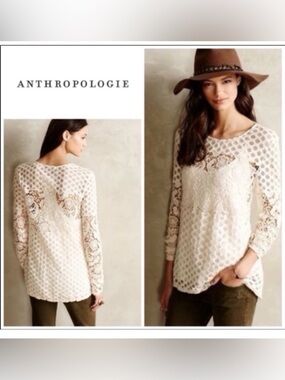 Sunday in Brooklyn Anthropologie Women’s Cream Lace Crochet Long-Sleeve Top Sz M